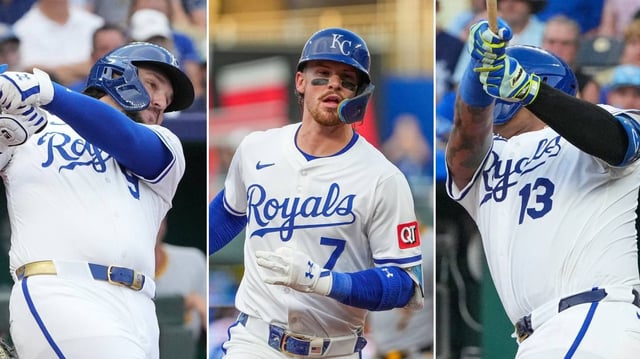 Vinnie Pasquantino (from left), Bobby Witt Jr. and Salvador Perez all homered against the Pittsburgh Pirates during a Monday, July 7, 2025 Major League Baseball game at Kauffman Stadium.