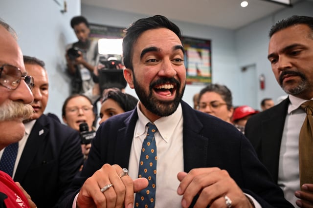 Zohran Mamdani, Democratic candidate for mayor, can be seen leaving a press conference celebrating his primary victory with leaders and members of the city&#39;s labor unions on July 2, 2025, in New York. (Photo by ANGELA WEISS / AFP) (Photo by ANGELA WEISS/AFP via Getty Images)