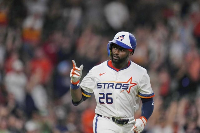 Houston Astros&#39; Taylor Trammell celebrates after hitting a three-run home run against the Cleveland Guardians during the fifth inning of a baseball game Monday, July 7, 2025, in Houston. (AP Photo/David J. Phillip)