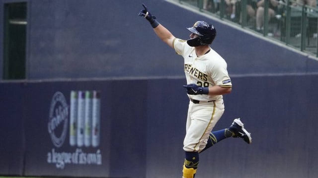Jul 7, 2025; Milwaukee, Wisconsin, USA; Milwaukee Brewers first baseman Andrew Vaughn (28) rounds the bases after hitting a home run against the Los Angeles Dodgers in the first inning at American Family Field. Mandatory Credit: Michael McLoone-Imagn Images
