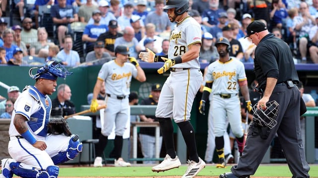 Tommy Pham (28) of the Pittsburgh Pirates crosses home plate after hitting a home run during the third inning of the game against the Kansas City Royals at Kauffman Stadium on Monday, July 7, 2025, in Kansas City, Missouri. (Jamie Squire/Getty Images/TNS)