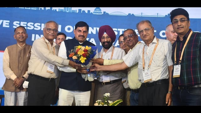 Madhya Pradesh Chief Minister Mohan Yadav interacting with industrialists in Ludhiana on Monday. (Gurpreet Singh/HT)
