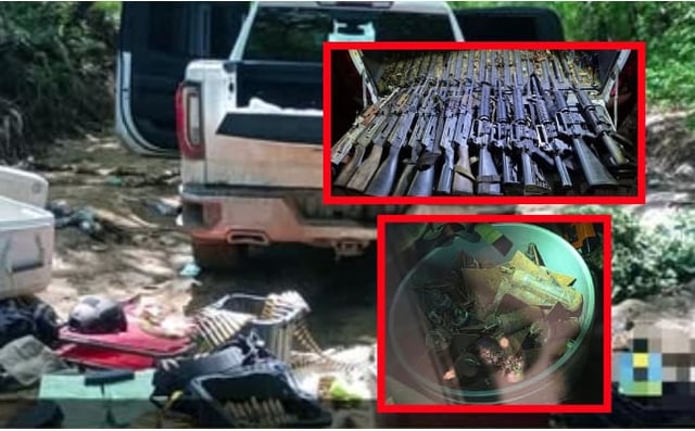 Aseguran arsenal de guerra en Cosalá: 35 explosivos, 14 rifles, vehículos blindados y más de 6 mil balas. / Seguridad Pública Sinaloa.