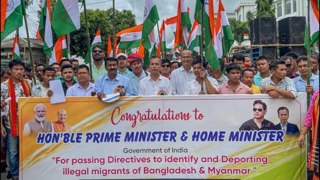 People take out a rally in Agartala seeking deportation of illegal migrants from Bangladesh and Myanmar. (ANI)