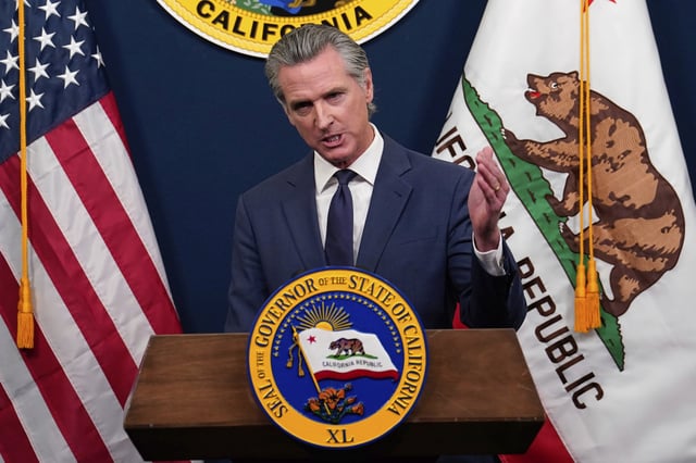 FILE - Calif. Gov. Gavin Newsom presents his revised 2025-2026 state budget during a news conference in Sacramento, Calif., May 14, 2025. (AP Photo/Rich Pedroncelli, File)