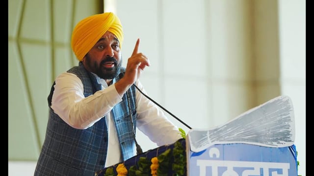 Chief minister Bhagwant Mann addressing a gathering during a rally in Ludhiana on Monday. (HT)