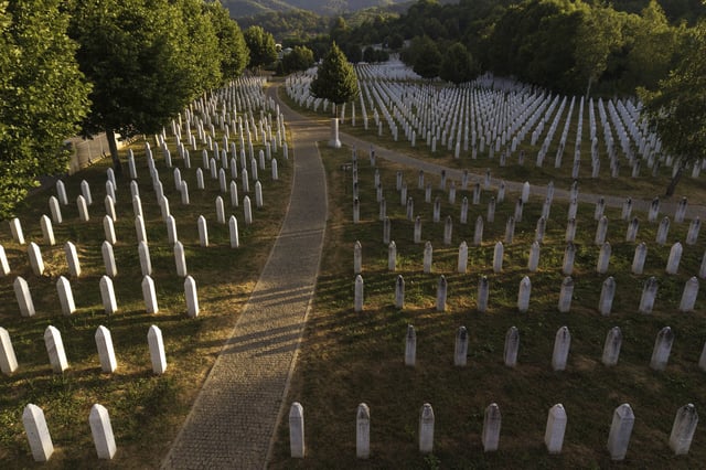 An aerial view of the Srebrenica Genocide Memorial Center in Potocari, Bosnia, on June 28, 2025. (AP Photo/Armin Durgut)