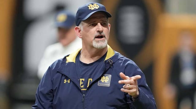 Jan 18, 2025; Atlanta, GA, USA; Notre Dame Fighting Irish offensive line coach Joe Rudolph during practice at Mercedes-Benz Stadium.