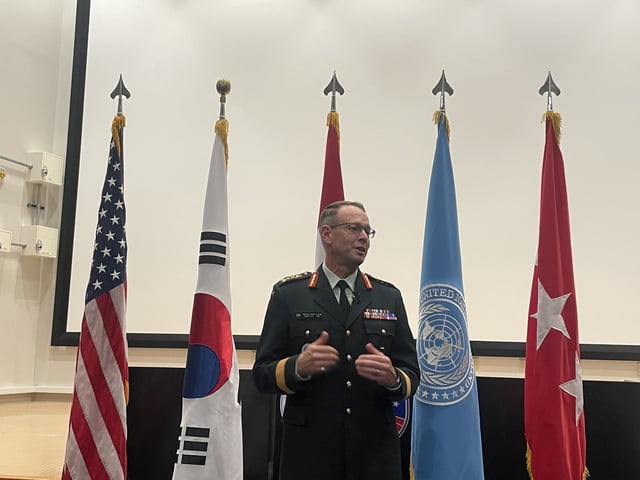 U.N. Command Deputy Commander Lt. Gen. Derek Macaulay speaks to reporters at Camp Humphreys in Pyeongtaek, 60 kilometers south of Seoul, on July 8, 2025. (Yonhap)
