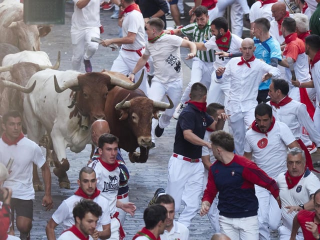 Encierro de las fiestas de San Fermín con toros de Cebada Gago.