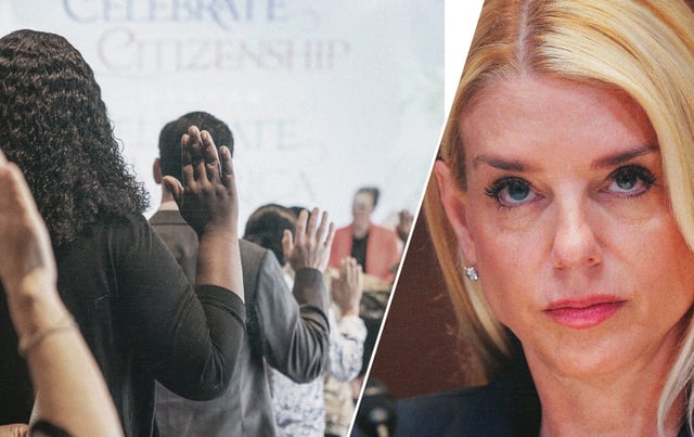 Illustration by Noah Hickey/The Dispatch (Left image by Lev Radin/Pacific Press/LightRocket via Getty Images; image of Attorney General Pam Bondi by Chip Somodevilla/Getty Images)