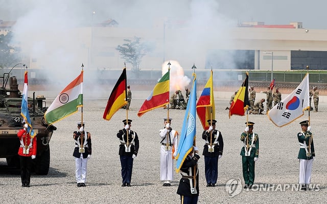 A ceremony marking the 75th anniversary of the establishment of the U.S-led multinational U.N. Command takes place at Camp Humphreys in Pyeongtaek, 60 kilometers south of Seoul, on July 8, 2025. (Pool photo) (Yonhap)