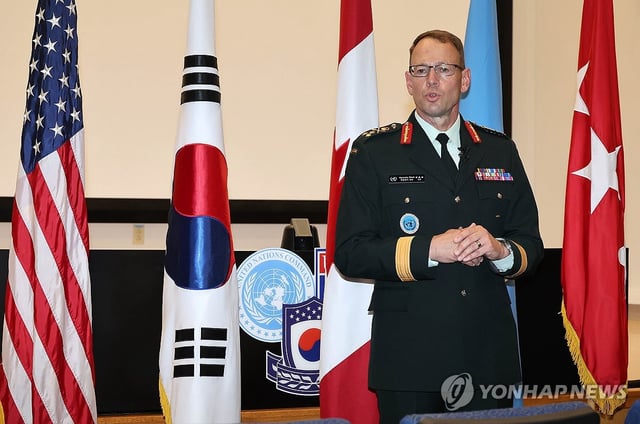 U.N. Command Deputy Commander Lt. Gen. Derek Macaulay speaks to reporters at Camp Humphreys in Pyeongtaek, 60 kilometers south of Seoul, on July 8, 2025. (Pool photo) (Yonhap)
