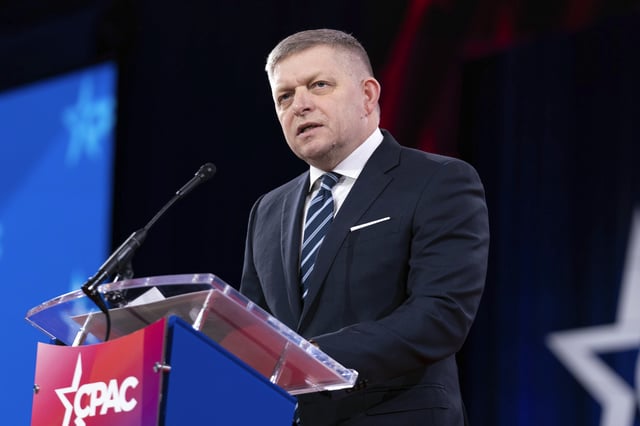 FILE - Slovakia's Prime Minister Robert Fico speaks at the Conservative Political Action Conference (CPAC) at the Gaylord National Resort & Convention Center, Feb. 21, 2025, in Oxon Hill, Md. (AP Photo/Jose Luis Magana, File)
