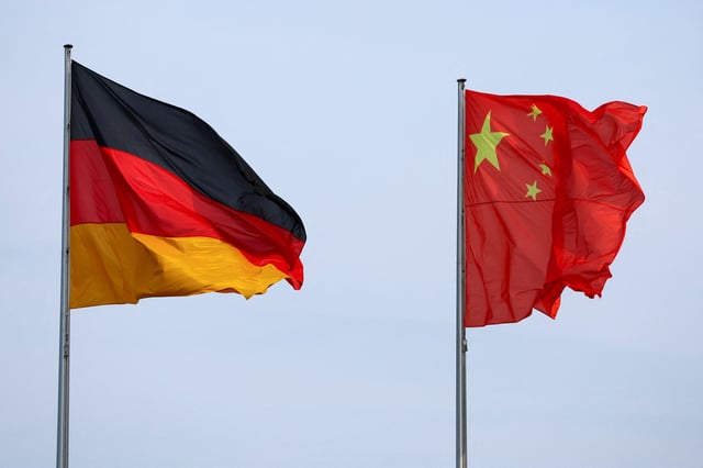 The flags of Germany and China are seen ahead of a meeting between German Chancellor Olaf Scholz and Chinese Premier Li Qiang in Berlin, Germany, June 19, 2023. REUTERS/Fabrizio Bensch/File photo