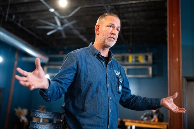Independent Senate candidate Dan Osborn speaks during his campaign stop at the Handlebend  in O'Neill, Neb., on Oct. 14, 2024.