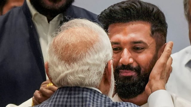 Chirag Paswan getting a hug from PM Narendra Modi (back to the camera) at a recent NDA meeting in Delhi.