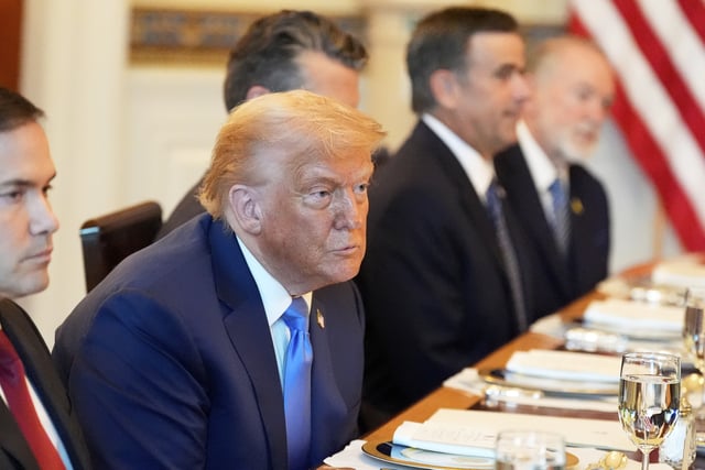 Secretary of State Marco Rubio, from left, President Donald Trump, Defense Secretary Pete Hegseth, obstructed, CIA Director John Ratcliffe and U.S. Ambassador to Israel Mike Huckabee listen during a meeting with Israel's Prime Minister Benjamin Netanyahu in the Blue Room of the White House, Monday, July 7, 2025, in Washington. (AP Photo/Alex Brandon)