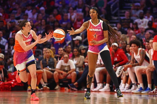 Caitlin Clark, left, and Angel Reese, right, played together when the WNBA All-Stars defeated the 2024 USA Olympic team on July 20, 2024.