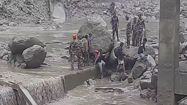 Flooding and landslide along Nepal-China Border destroys the Miteri bridge on July 8, 2025. Credit: NDRRMA