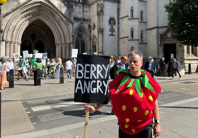 A protestor, dressed as a strawberry, from the campaign group Save Wimbledon Park, holds a sign which says "Berry Angry" outside the Royal Courts of Justice in London, Britain, July 8, 2025. REUTERS/Sam Tobin