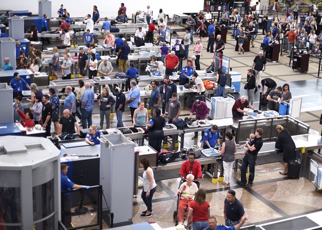 Lines of people wait to get through TSA airport screening.