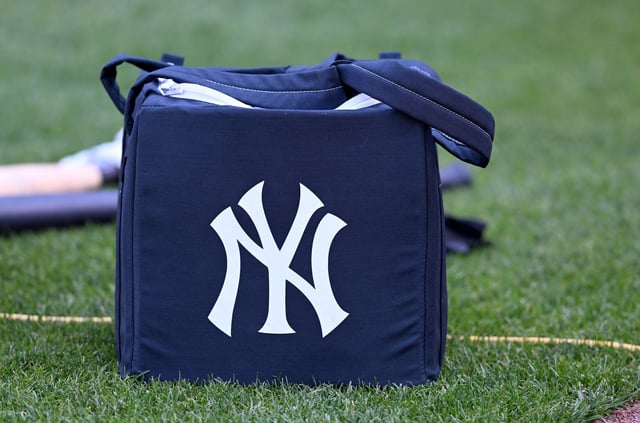 BALTIMORE, MARYLAND - APRIL 29: A view of the New York Yankees logo on a ball bag before the game against the Baltimore Orioles at Oriole Park at Camden Yards on April 29, 2025 in Baltimore, Maryland.