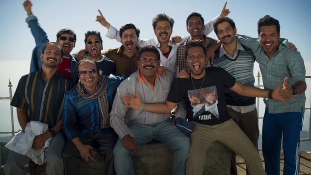 Soubin Shahir and the cast of Chidambaram's 2024 hit film Manjummel Boys. 