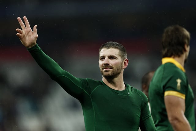 FIEL PHOTO: Rugby Union - Rugby World Cup 2023 - Semi Final - England v South Africa - Stade de France, Saint-Denis, France - October 21, 2023 South Africa's Willie le Roux celebrates after the match as South Africa reach the final REUTERS/Gonzalo Fuentes/File Photo