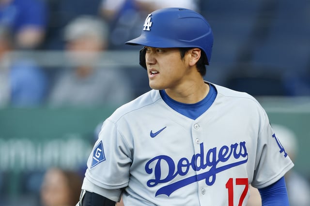 KANSAS CITY, MISSOURI - JUNE 27: Shohei Ohtani #17 of the Los Angeles Dodgers reacts on deck in the first inning during a game against the Kansas City Royals at Kauffman Stadium on June 27, 2025 in Kansas City, Missouri. (Photo by Brandon Sloter/Getty Images)