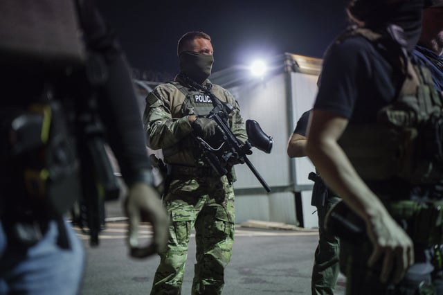 Immigration enforcement agents guard outside the Delaney Hall Detention Facility during a protest over federal immigration enforcement raids on Thursday, June 12, 2025, in Newark, N.J.