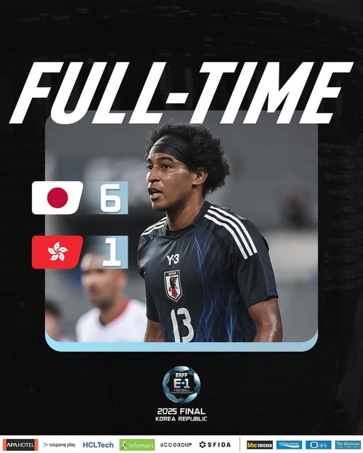 This image captured from the official X page of the East Asian Football Federation (EAFF) shows the final score of the match between Japan and Hong Kong at the EAFF E-1 Football Championship at Yongin Mireu Stadium in Yongin Gyeonggi Province, on July 8, 2025. (PHOTO NOT FOR SALE) (Yonhap)