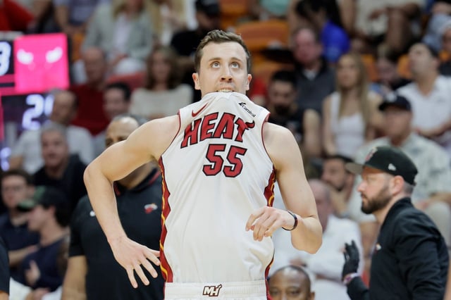 Former Heat forward Duncan Robinson reacts after a foul during his game against the Chicago Bulls at Kaseya Center on Friday, April 19, 2024 in Miami. (John McCall/South Florida Sun Sentinel)