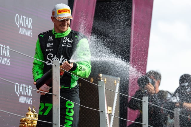 Nico Hulkenberg of Germany and Stake F1 Team Kick Sauber celebrates on the podium during the F1 Grand Prix of Great Britain at Silverstone Circuit on July 6, 2025 in Northampton, United Kingdom.