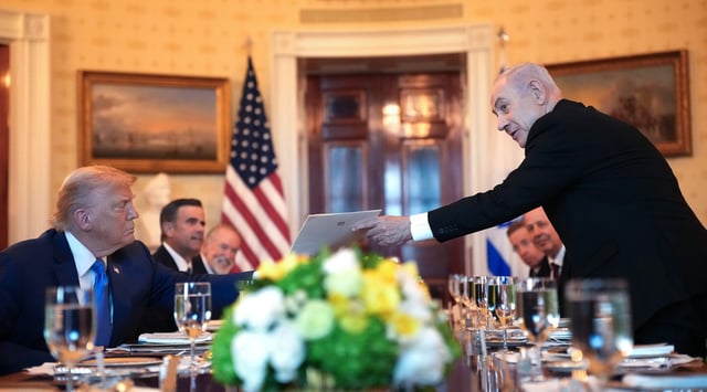 President Donald Trump host Israeli Prime Minister Benjamin Netanyahu for a dinner in the Blue Room of the White House on July 7, 2025, in Washington, DC. (Andrew Harnik/Getty Images)