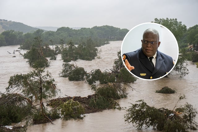 Trees emerge from flood waters along the Guadalupe River on July 4, 2025 in Kerrville, Texas. Heavy rainfall caused flooding along the Guadalupe River in central Texas with multiple fatalities reported.