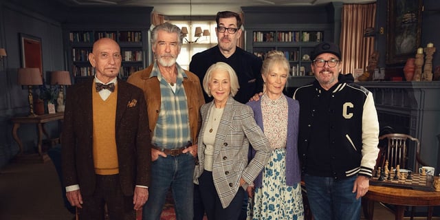 Helen Mirren, Pierce Brosnahan, Sir. Ben Kingsley, Celia Imrie, and Richard Osman standing together in first look at 'The Thursday Murder Club'.