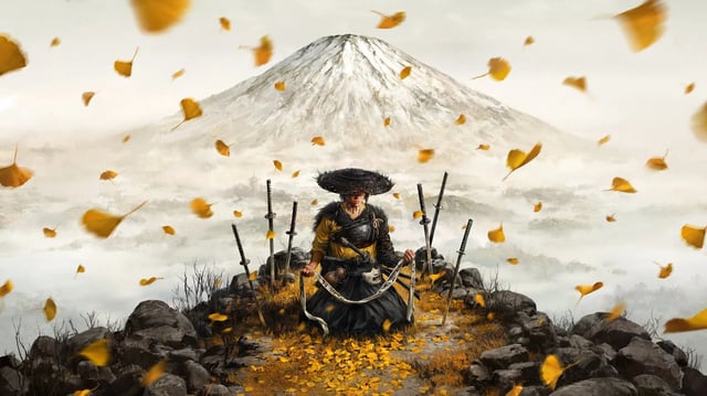 Main character Atsu atop a rocky outcropping surrounded by discarded swords in key artwork for Ghost of Yotei.