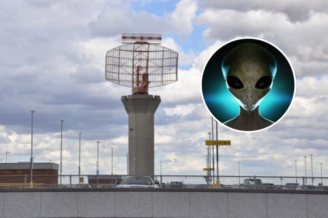 An image of London&#39;s Heathrow Airport, with an inset stock image of an alien. Radar systems used by civilian airports (like this at Heathrow) and military operations are inadvertently revealing our existence to potential advanced alien civilizations because of the hidden electromagnetic leakage they emit.