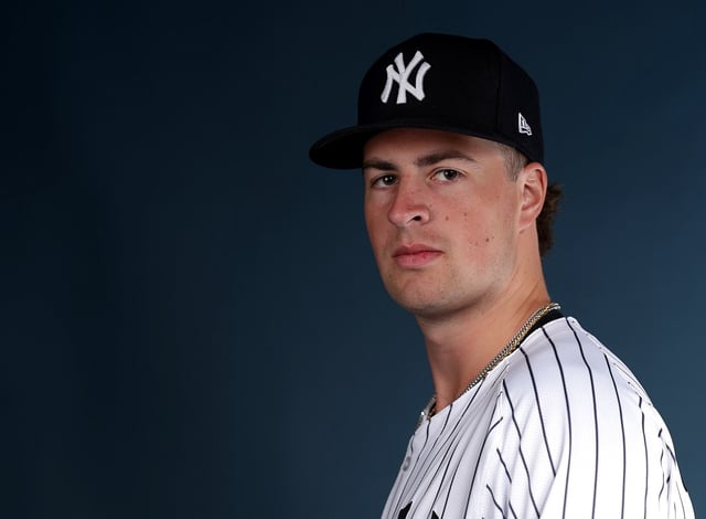 TAMPA, FLORIDA - FEBRUARY 18: Cam Schlittler #76 of the New York Yankees poses for a portrait during the New York Yankees Photo Day at George M. Steinbrenner Field on February 18, 2025 in Tampa, Florida. (Photo by Elsa/Getty Images)
