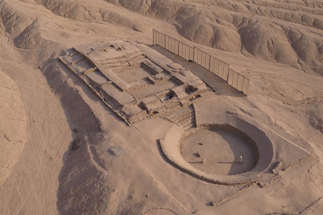 Aerial view of the archaeological zone in the northern Barranca province as archaeologists on Thursday unveiled a 3,500-year-old city in Peru that likely served as a trading hub linking Pacific coast cultures with those in the Andes and Amazon, flourishing around the same time as early civilizations in the Middle East and Asia, in the northern Barranca province, Peru in this undated handout photo released on July 3, 2025. Caral Archaeological Zone/Handout via REUTERS  THIS IMAGE HAS BEEN SUPPLIED BY A THIRD PARTY. NO RESALES. NO ARCHIVES