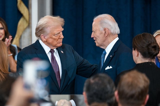 WASHINGTON, DC - JANUARY 20: U.S. President-elect Donald Trump shakes hands with U.S. President Joe Biden at Trump&#39;s inauguration in the U.S. Capitol Rotunda on January 20, 2025 in Washington, DC. Donald Trump takes office for his second term as the 47th President of the United States. (Photo by Kenny Holston-Pool/Getty Images)