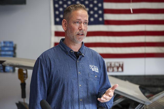 Independent Senate candidate Dan Osborn speaks during a news conference in Omaha, Nebraska on May 15, 2024.
