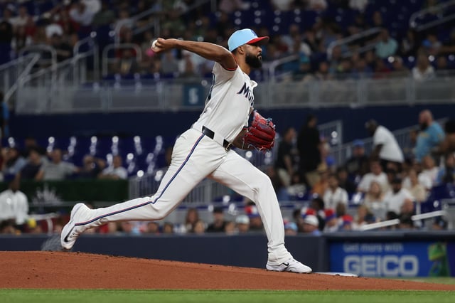 MIAMI, FLORIDA - JULY 4: Sandy Alcantara #22 of the Miami Marlins pitches during the first inning against the Milwaukee Brewers at loanDepot park on July 4, 2025 in Miami, Florida.