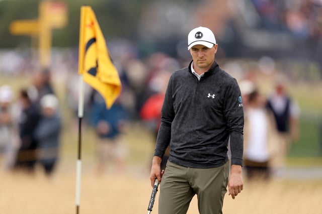 Jordan Spieth of the United States lines up a putt on the second green during day three of The 152nd Open championship at Royal Troon on July 20, 2024 in Troon, Scotland.