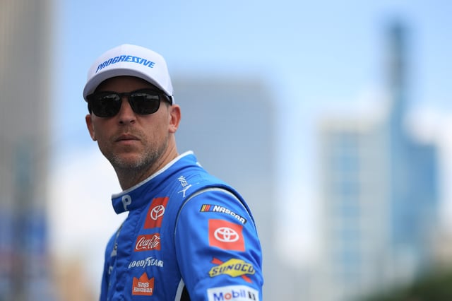 Denny Hamlin, driver of the #11 Progressive Toyota, looks on during practice for the NASCAR Cup Series Grant Park 165 at Chicago Street Course on July 05, 2025 in Chicago, Illinois.