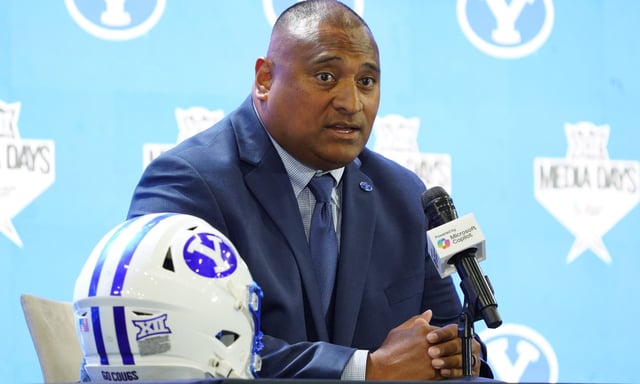 Brigham Young football coach Kalani Sitake addresses the media during 2025 Big 12 Football Media Days at The Star in Frisco, Texas.