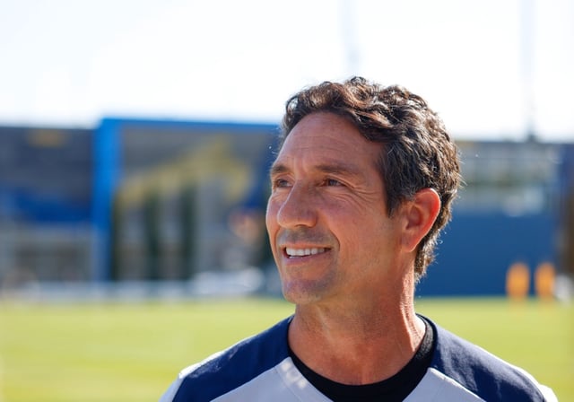 Bay FC head coach Albertin Montoya speaks during a press conference at the Bay FC practice field at San Jose State in San Jose, Calif., on Tuesday, March 11, 2025. (Shae Hammond/Bay Area News Group)