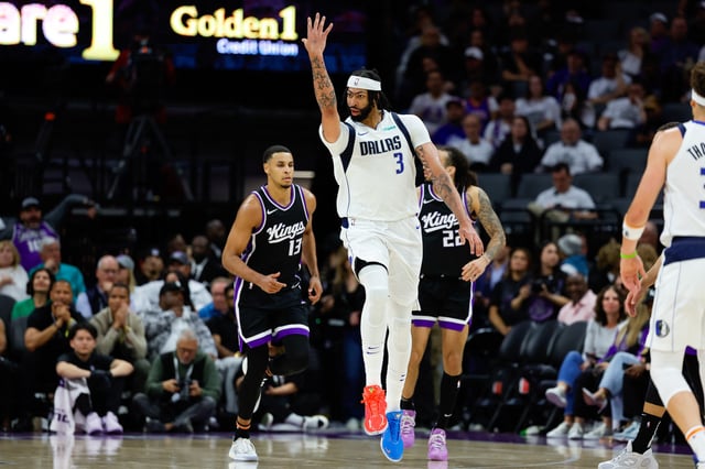 Apr 16, 2025; Sacramento, California, USA; Dallas Mavericks forward Anthony Davis (3) celebrates after scoring a basket during the fourth quarter against the Sacramento Kings at Golden 1 Center. Mandatory Credit: Sergio Estrada-Imagn Images/File Photo