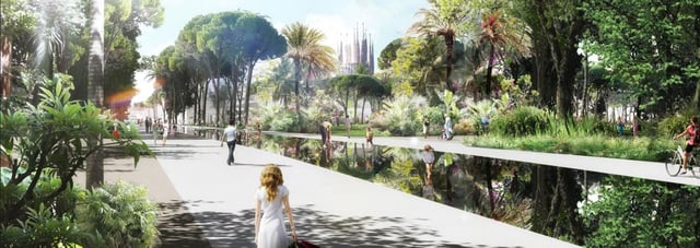 Diseño originalmente previsto para la fuente 'Mirall d'Aigua' de Glòries, recreación virtual de 2015